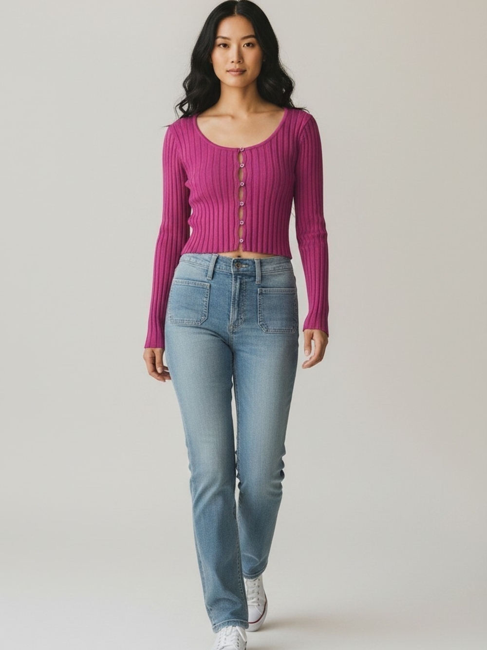 Pink Rose Women’s S Magenta Ribbed Cropped Cardigan Button Front Y2K